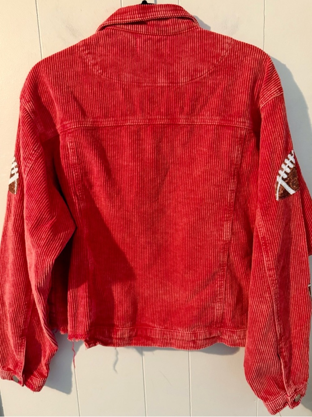 Live Love Gameday Red Corduroy Jacket with Sequin Footballs, Size L - Picture 4 of 6